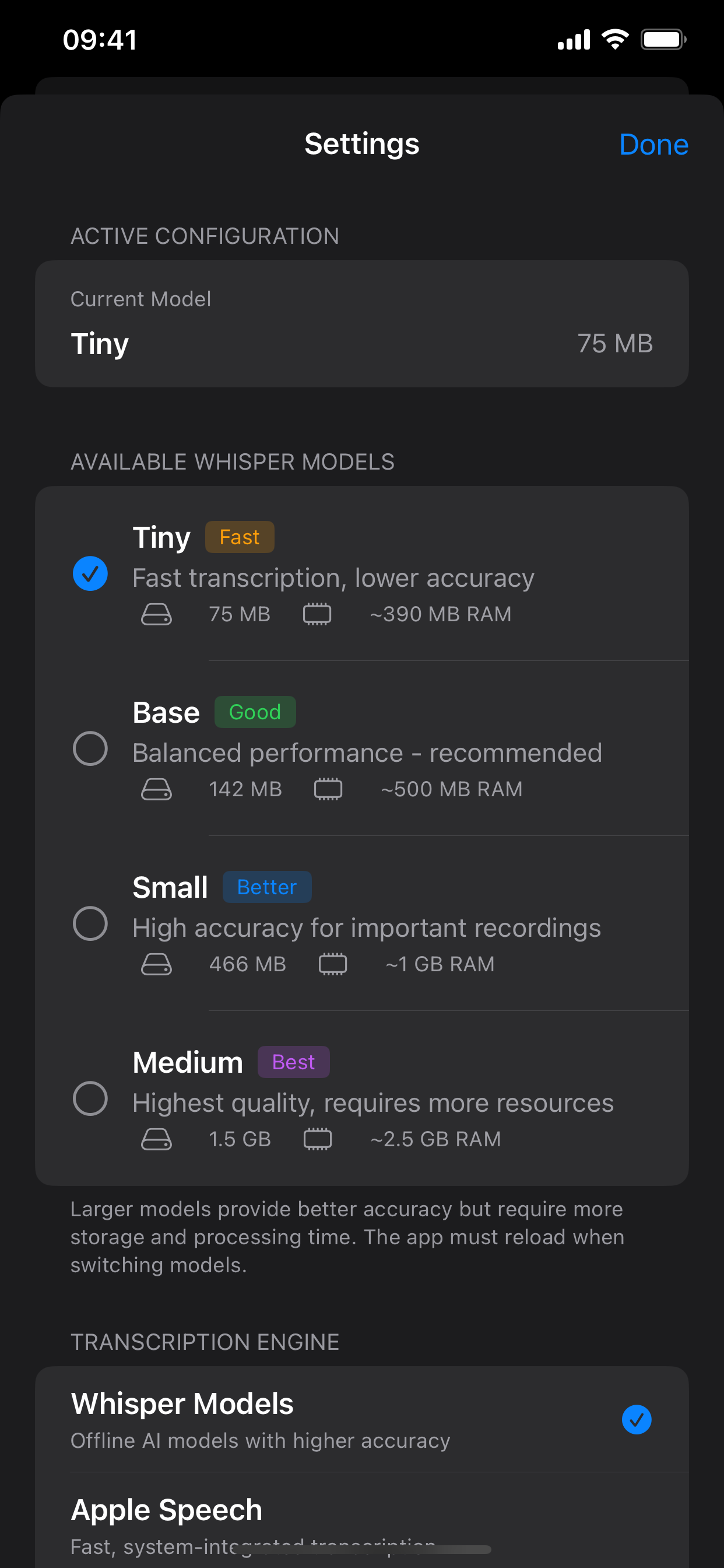 ai-Memo settings view