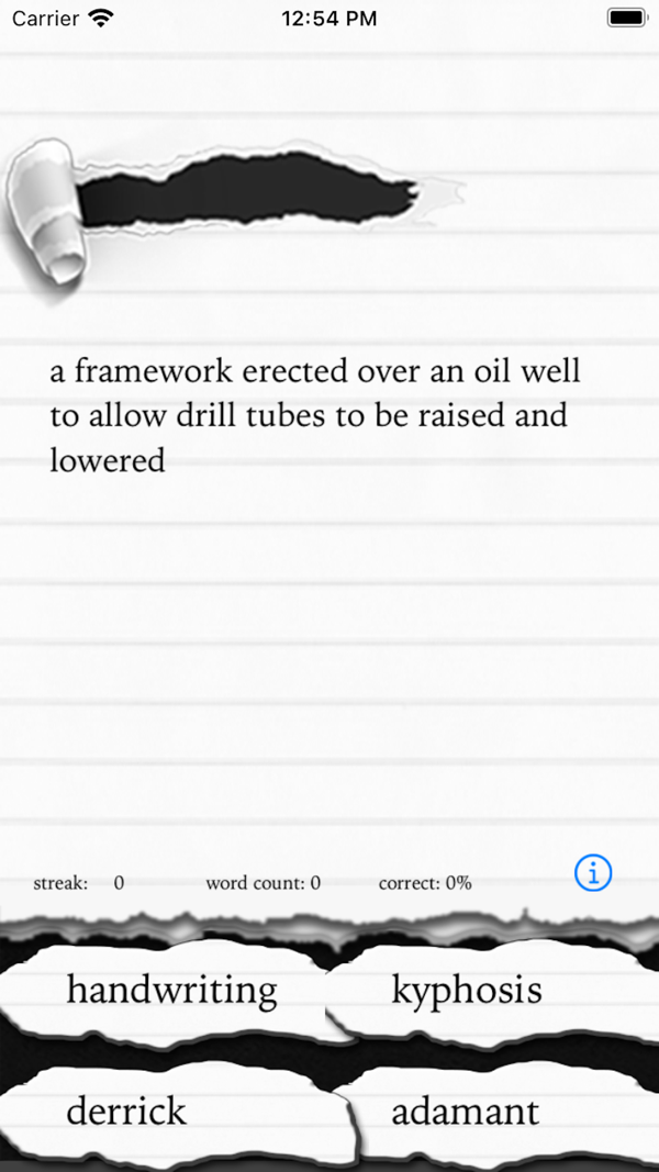 MoreBlanks app screenshot with expanded vocabulary