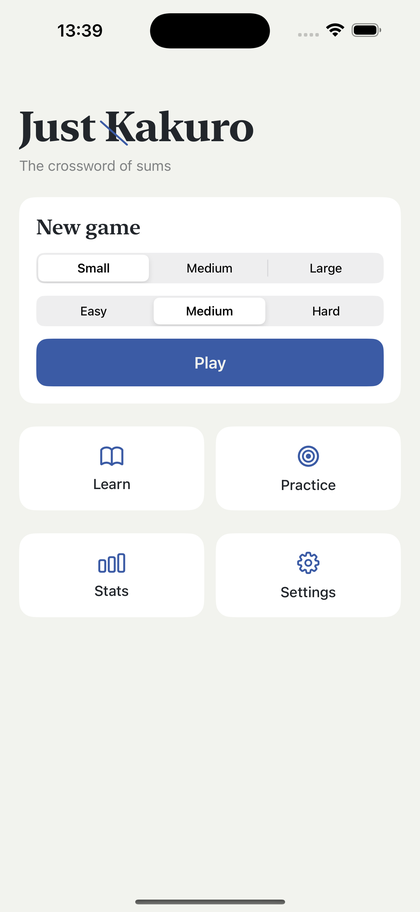 The Just Kakuro home screen