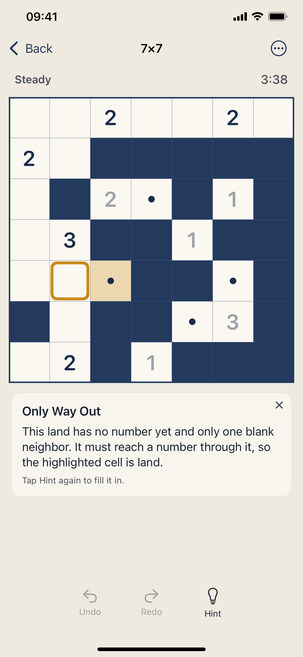 A 7×7 game with the hint card open on Only Way Out and the deciding cell outlined in ochre.