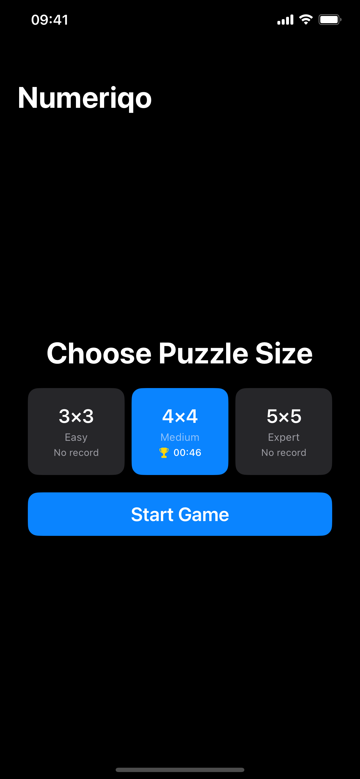 Dark mode - size selection screen