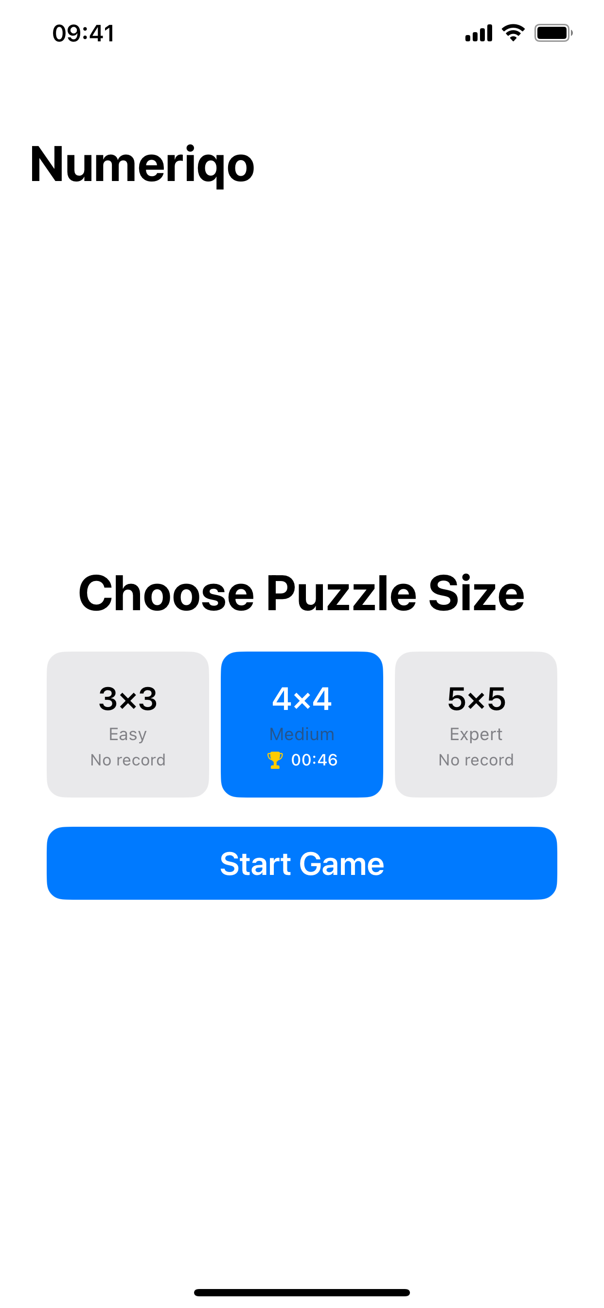 Light mode - size selection screen
